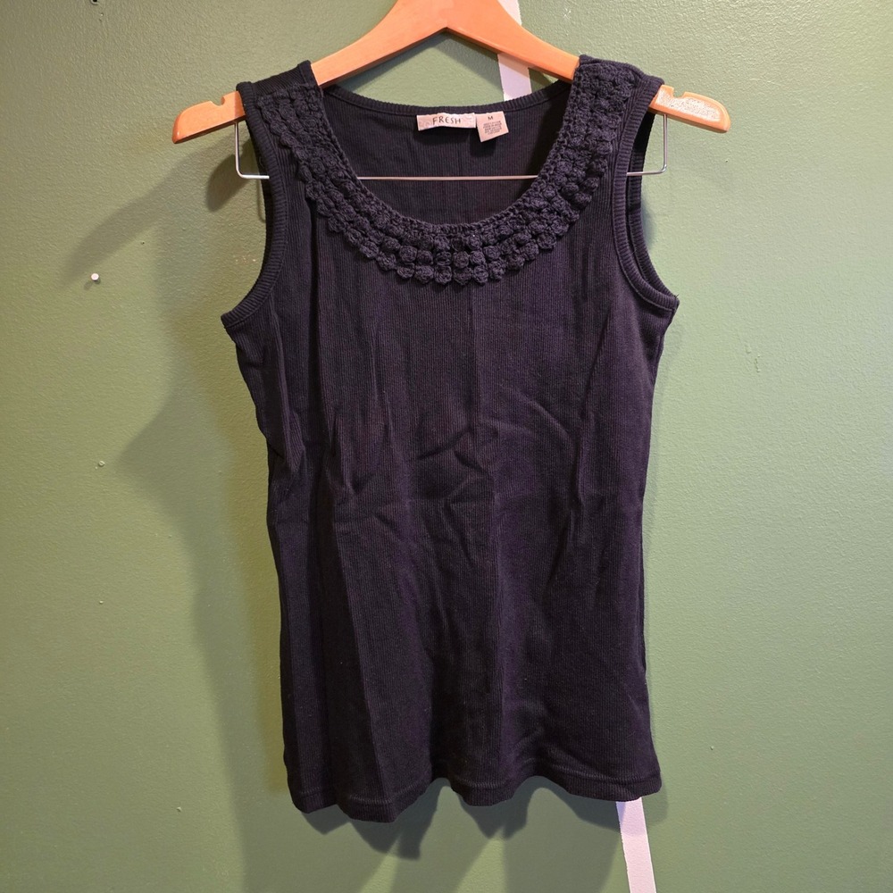 FRESH Black Ribbed Tank Top Crochet Neckline Women's Size M